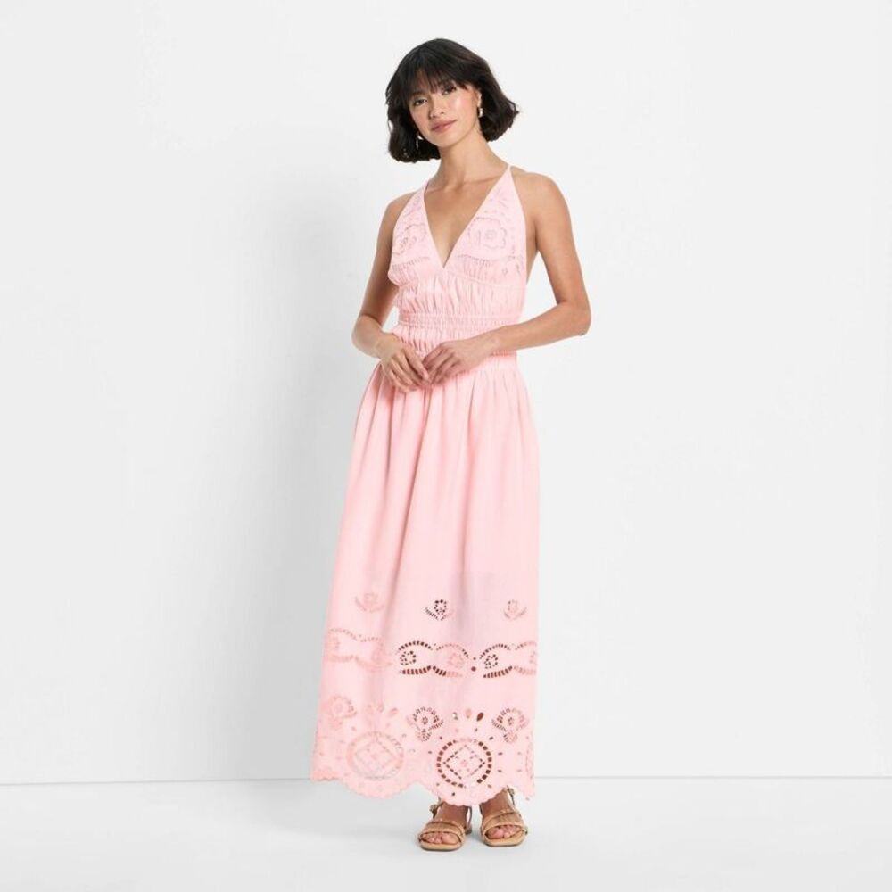 Strapless Light Pink Maxi Dress with Eyelet Hem